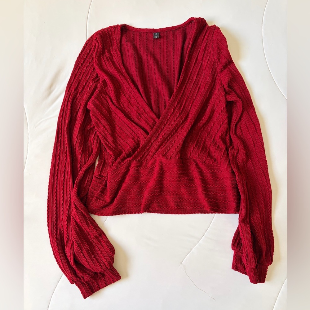 Ribbed Knitted Crop Top V-Neck Pullover